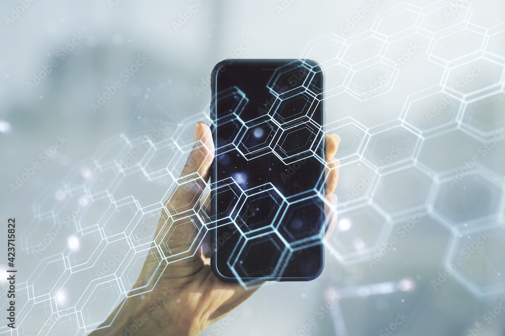 Poster creative abstract wireless technology hologram with hexagon and hand with mobile phone on background