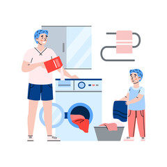 Boy kid help father with housework loading laundry to washing machine.