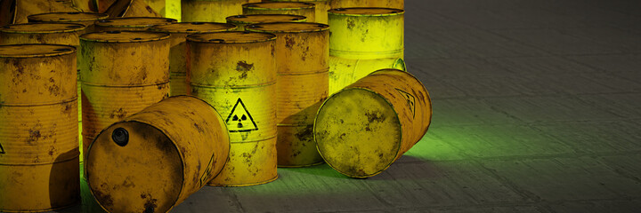 radioactive waste in barrels, background banner with empty space 