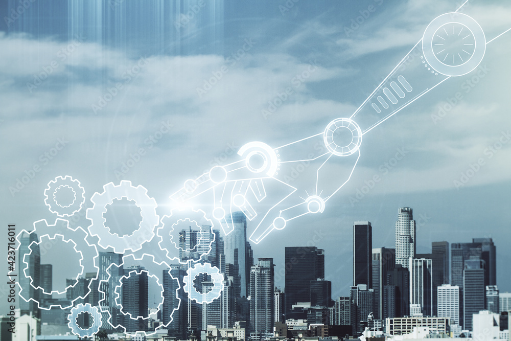 Poster abstract virtual robotics technology hologram on los angeles skyline background. robot development a