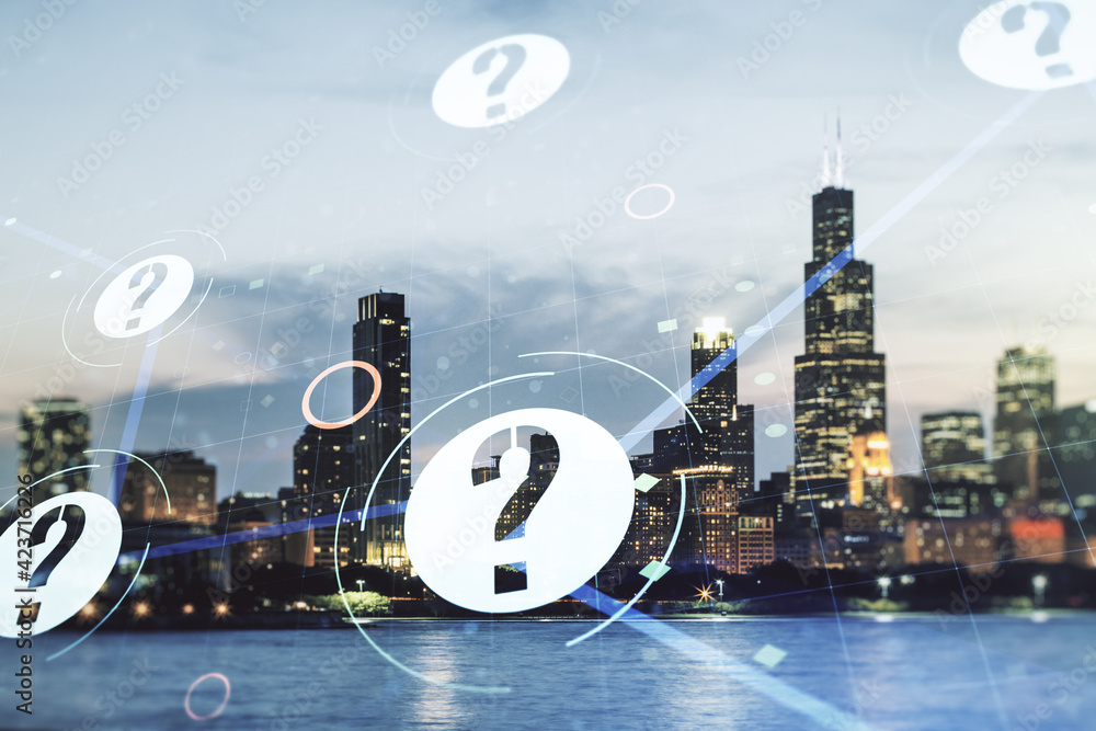 Aufkleber abstract virtual question mark illustration on chicago skyline background. faq and search concept. m
