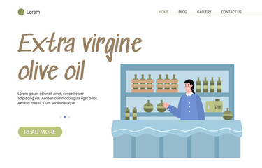 Vector landing page template for shop on sale of fresh extra virgin olive oil.