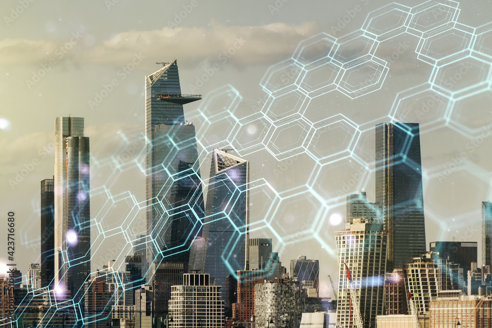 Poster abstract virtual wireless technology hologram with hexagon on new york city skyline background. big 