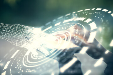 Double exposure of technology sketch hologram and woman holding and using a mobile device. Ai concept