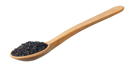 dry black sesame seeds in wooden spoon