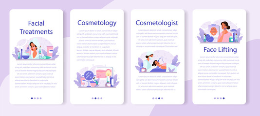 Cosmetologist mobile application banner set, skin care and treatment.