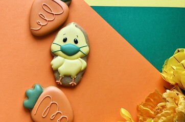 Funny Easter chick in face protective mask 