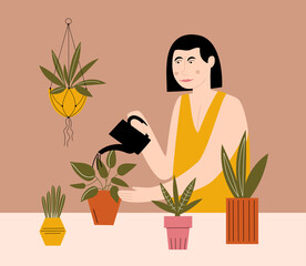 A person caring for home flowers. Vector flat illustration with woman watering a houseplant