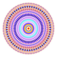 Creative multicolored points round symbol. Abstract symmetrical logo. Mosaic colorful beautiful beads. Circle dots modern pixel floral art icon. Colored pattern ornament wheel decorative illustration.