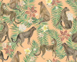 Watercolor gepard cat on tropical palm leaves, flowers garden. Seamless pattern  © ramiia
