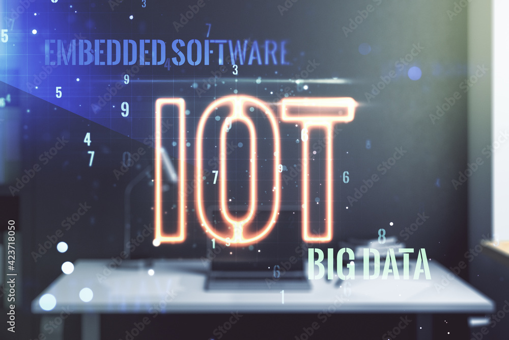 Poster creative iot hologram and modern desk with computer on background, internet of things concept. multi