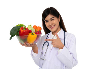 Doctor or nutritionist holding fresh fruit (Orange, red and green apples) and smile in clinic....