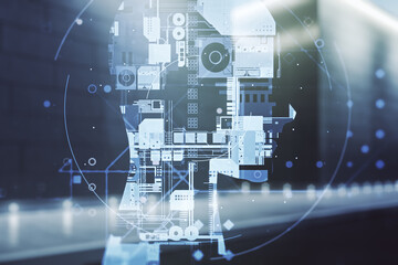 Double exposure of creative artificial Intelligence hologram on modern business center exterior...