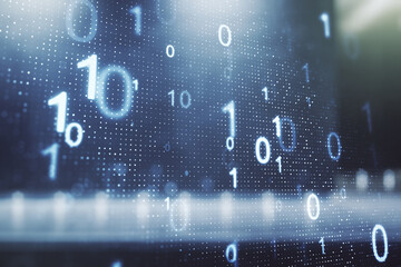 Double exposure of abstract virtual binary code hologram on modern business center exterior background. Database and programming concept