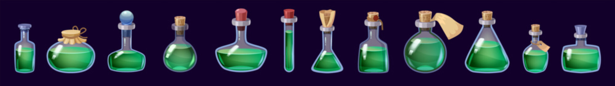 Set of Bottles magic liquid potion fantasy elixir. Game icon GUI for app games user interface. Vector illstration isolated cartoon style on dark background