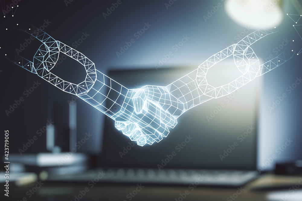 Poster double exposure of blockchain technology with handshake hologram on laptop background. research and 