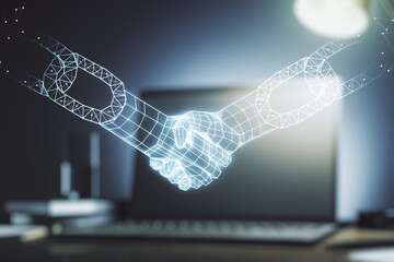 Obraz premium Double exposure of blockchain technology with handshake hologram on laptop background. Research and development decentralization software concept