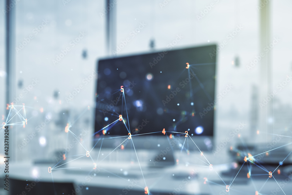 Poster Creative abstract technology sketch on modern laptop background, future technology and AI concept. Double exposure