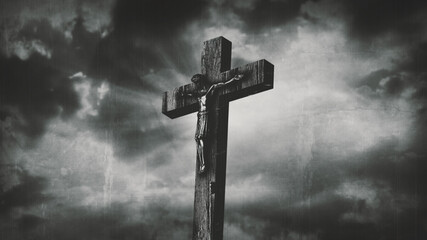 Jesus Christ crucified at Golgotha hill outside ancient Jerusalem. The crucifixion of Christ with stormy clouds in the sky. Vintage film look