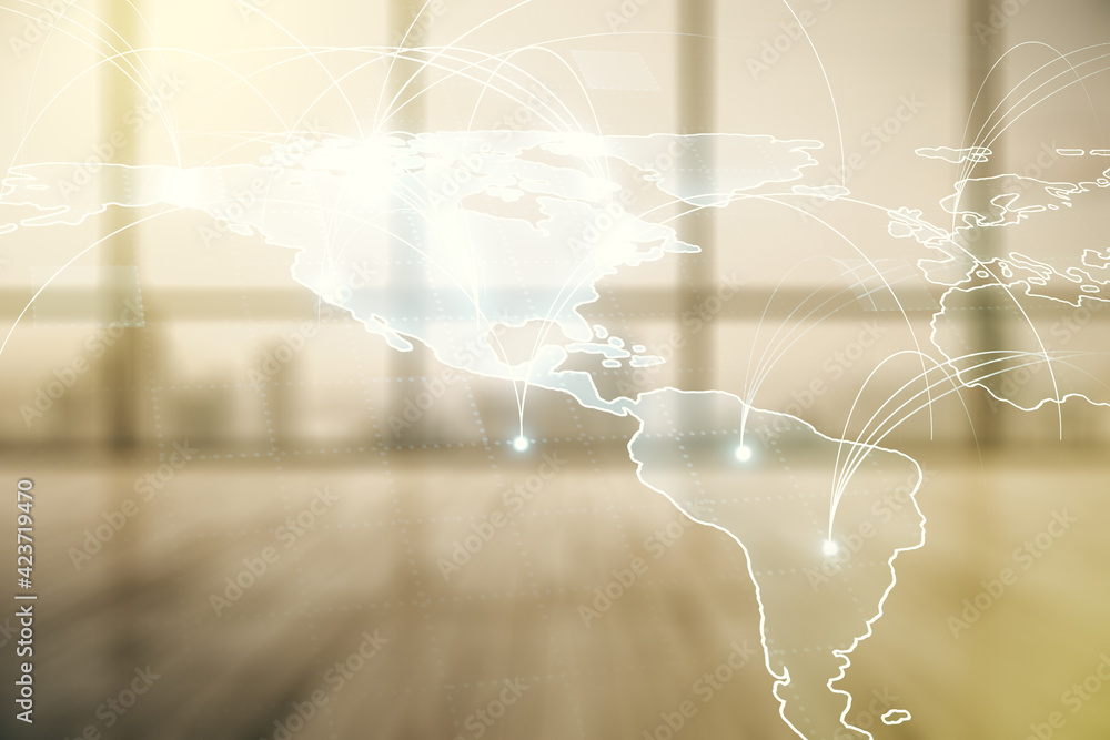 Poster double exposure of abstract digital world map hologram with connections on empty room interior backg