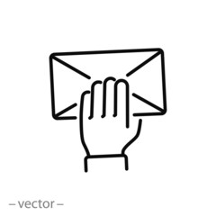 mail in the hand, icon, postman delivery, mailman concept, email messenger, new paper letter, thin line symbol on white background - editable stroke vector eps10