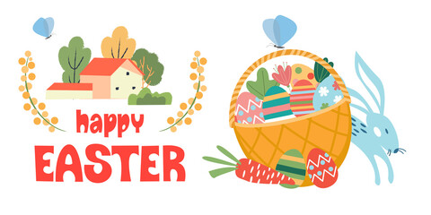 Fototapeta premium Happy Easter. A basket of painted eggs. Vector illustration.