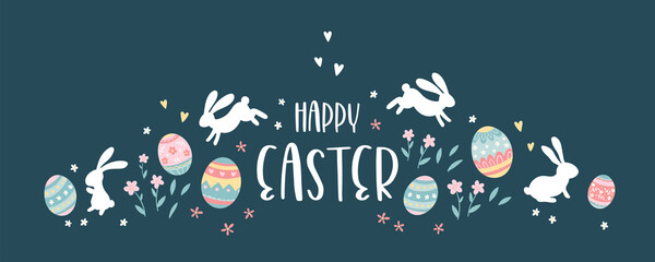 Lovely hand drawn Easter design, cute bunnies and colorful eggs, beautiful flowers, fun template for greeting cards, invitations, banners, wallpapers - vector design
