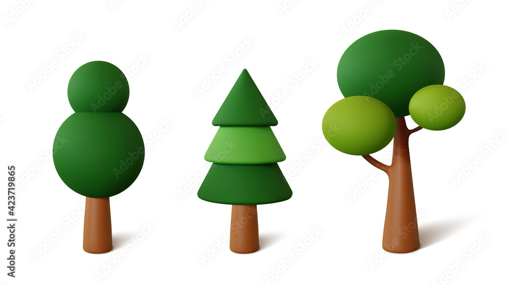 Poster Set abstract Trees isolated on a white background. 3d rendering vector