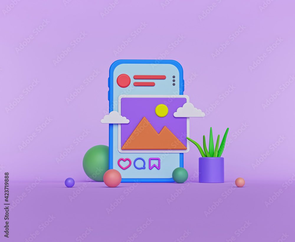 Aufkleber smartphone and social media post. minimal concept. mobile app interface. 3d rendering