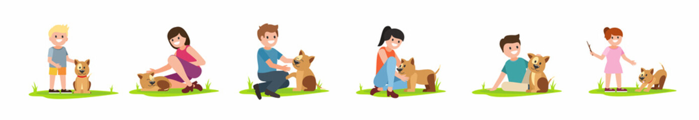 People hugging dogs. Kids playing and petting dog pets. Children with puppies. Vector illustration