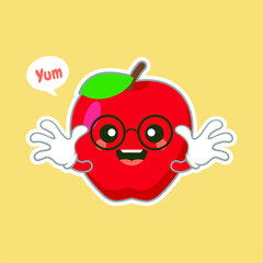 cute and kawaii Apple character with funny face. Happy cute cartoon apple emoji. Healthy vegetarian food character vector illustration