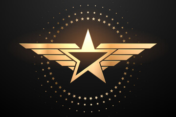 Gold star with wings on black background