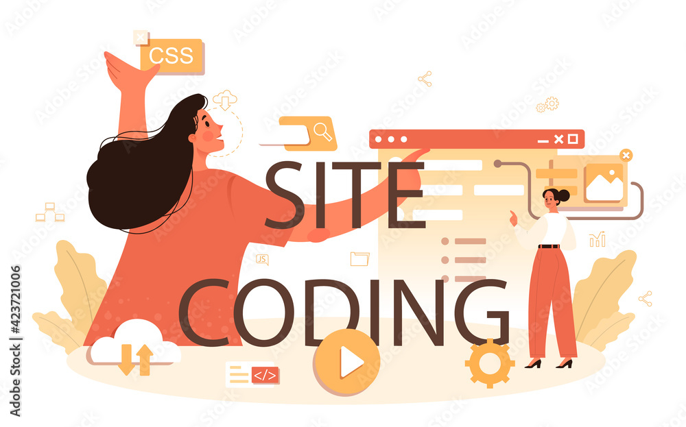 Poster site codding typographic header. building and development process.
