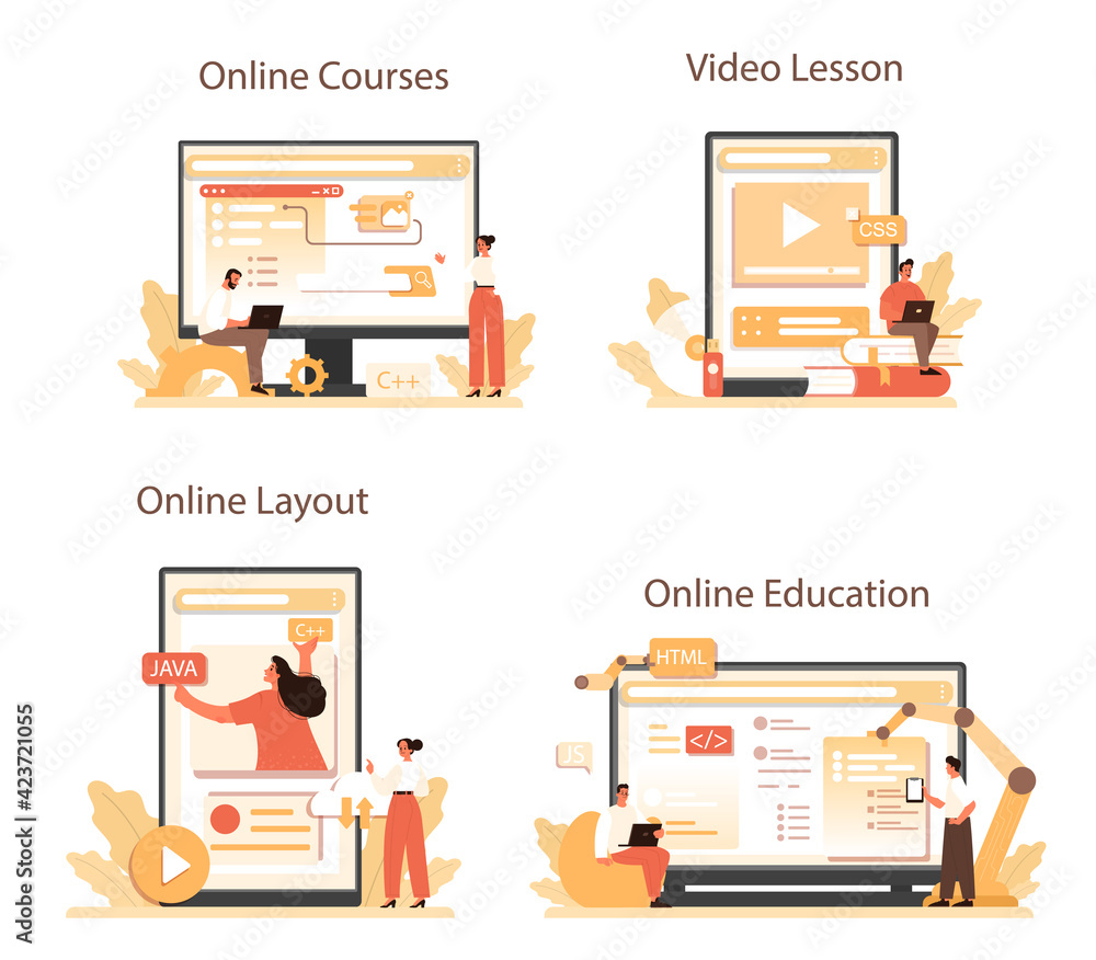 Aufkleber website development online service or platform set. support and development