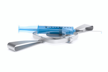 bear trap and syringe on white background. Isolated 3D illustration