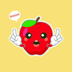 cute and kawaii Apple character with funny face. Happy cute cartoon apple emoji. Healthy vegetarian food character vector illustration