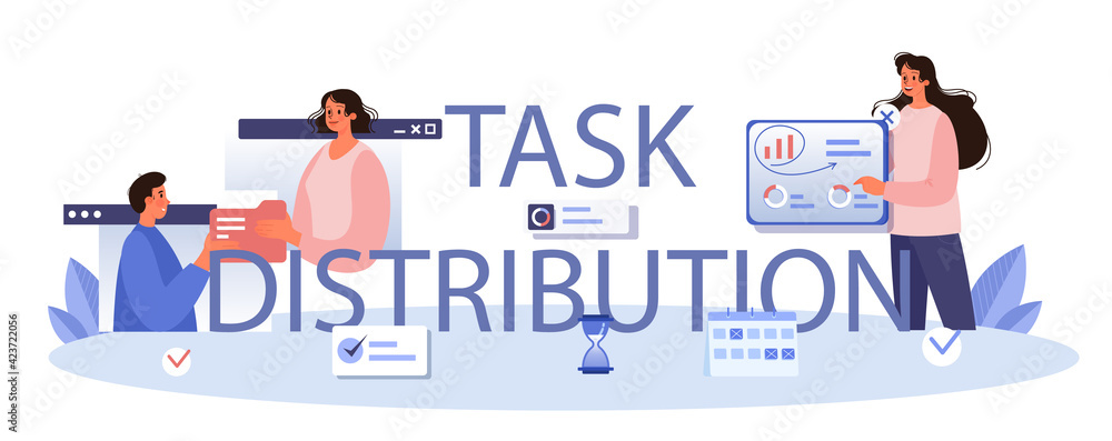 Poster task distribution typographic header. interaction of departments,