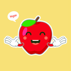 cute and kawaii Apple character with funny face. Happy cute cartoon apple emoji. Healthy vegetarian food character vector illustration