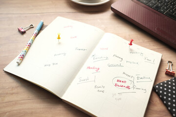 high angle view of weekly planner on table.