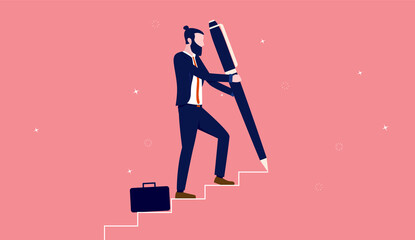 Create your own career path and success - Entrepreneur walking up stairs while drawing with pen. Personal development concept. Vector illustration.