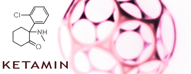 Ketamine. Dissociative ketamine. Chemical formula, molecular structure. Ilustration background for your desigen.