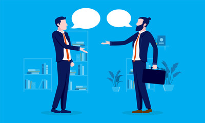 Discussion in office - Two businessmen communicating with speech bubbles over head in corporate setting. Vector illustration.