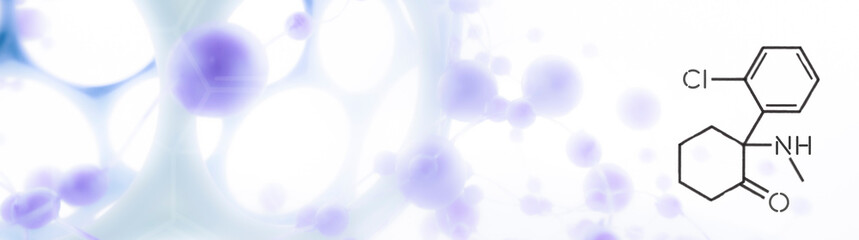 Ketamine. Dissociative ketamine. Chemical formula, molecular structure. Ilustration background for your desigen.
