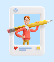 3d illustration. Social media concept.  Nerd Larry holding big pencil.