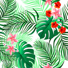 Exotic tropical pattern with strelizia, hibiscus, palm leaves. Summer vector background for fabric, cover,print design.