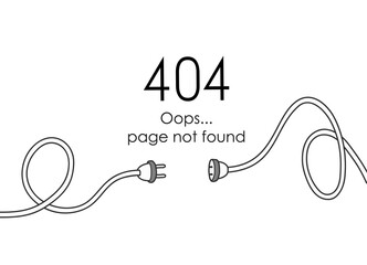 404 error page not found, a vector background of internet error page with two disconnected power cables, isolated on white background.