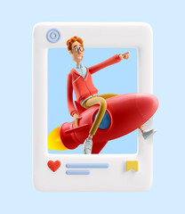 3d illustration. Social media concept. Nerd Larry is flying on a rocket.