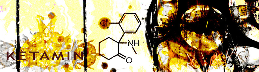 Ketamine. Dissociative ketamine. Chemical formula, molecular structure. Ilustration background for your desigen.