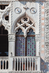 Traditional gothic architecture in Venice. Closeup of balcony on Ca d Oro Palace facade on Grand Canal.