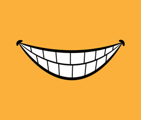 Smile with teeth, hand drawn doodle illustration of a mouth smile line with white teeth, isolated on pastel yellow background.